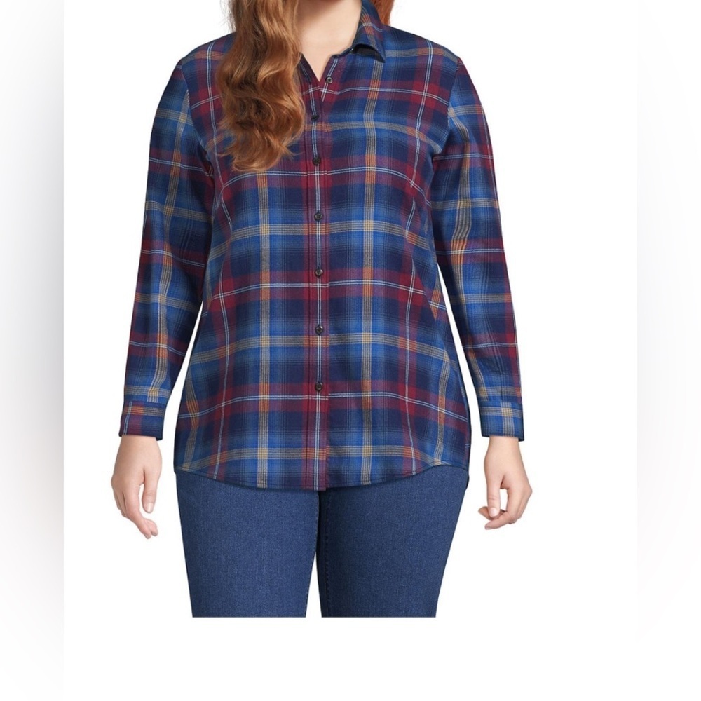 PETITE Lands' End Casual Button Down Shirt Blue and Green